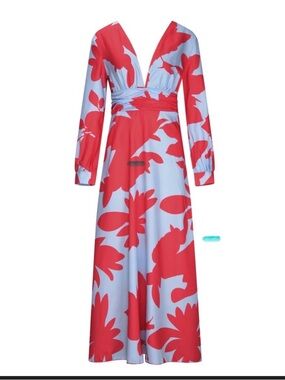 No brand, Red Floral Wrap Maxi Dress with Long Sleeves, size L.